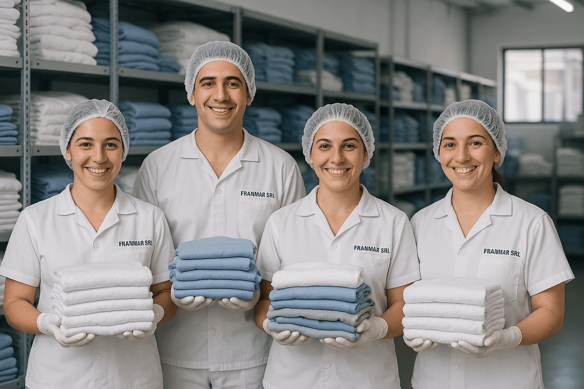 Almacén de FranMar con camión, vehículos y personal uniformado trabajando