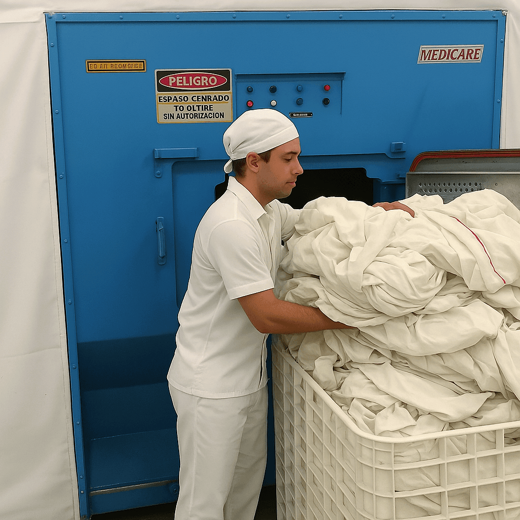 Worker in safety vest near a van handling equipment